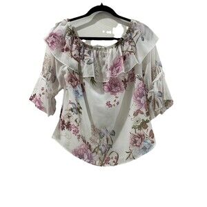 Sweet Pea By Stacy Frati Womans Size XS White Floral Lined Ruffle Scoop Neck